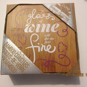 CORE HOME "Wine is Fine" Printed Bamboo Coaster Set/4 (BK)